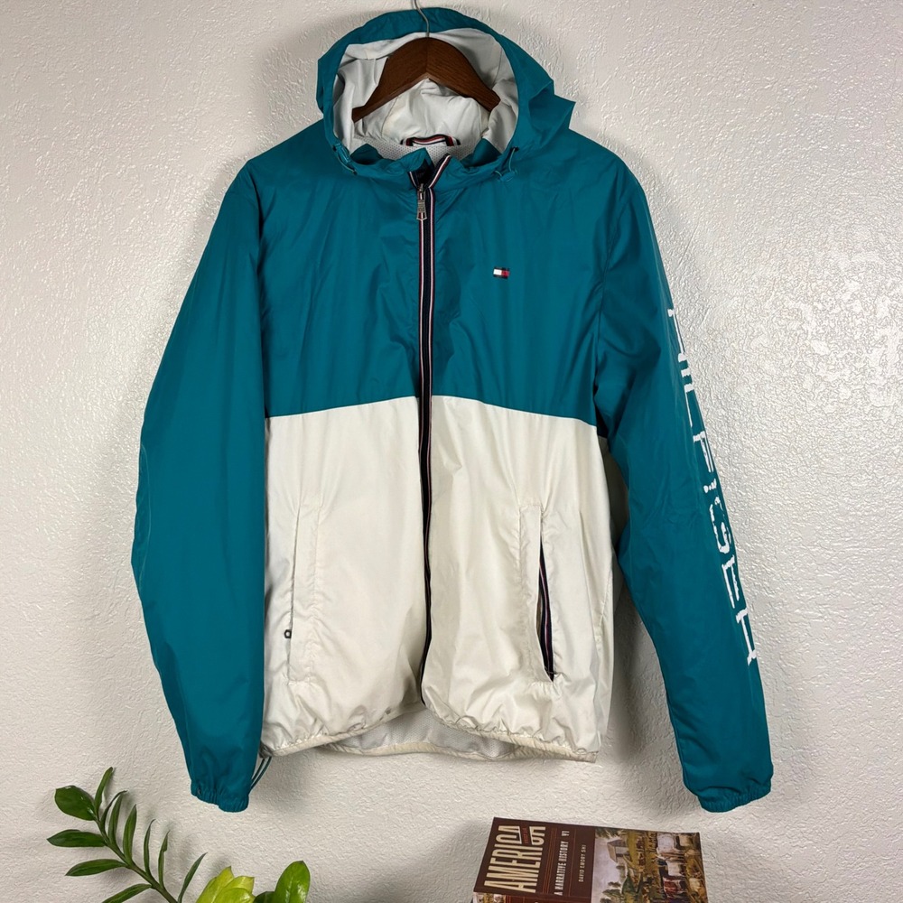Tommy Hilfiger Windbreaker Mens Large Teal White Good Hooded Colorblock
